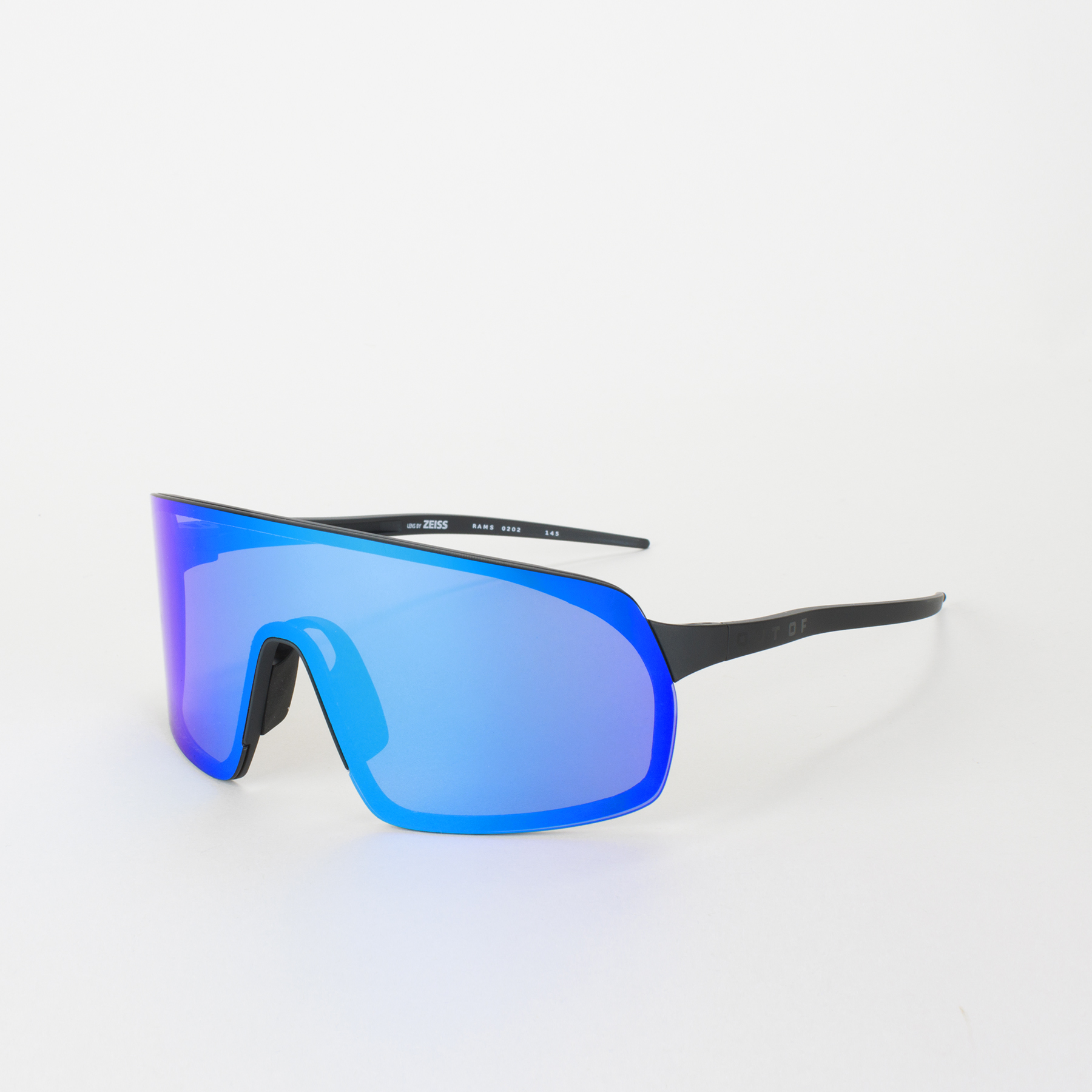 Sports sunglasses OUT OF Rams blue on the white background, view slightly from the side